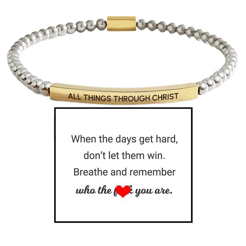 Stainless Steel Mens And Womens Elbow-Style Chain Bracelet With Engraved Gold Beads