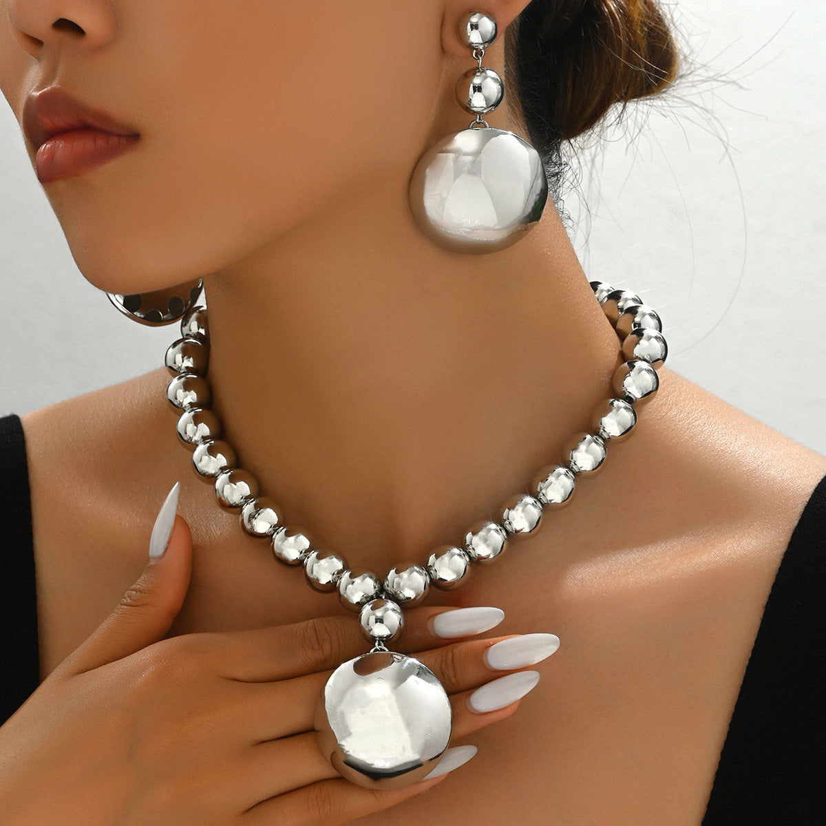 Fashion Women's Metal Bead Necklace Pendant Earrings Jewelry Set