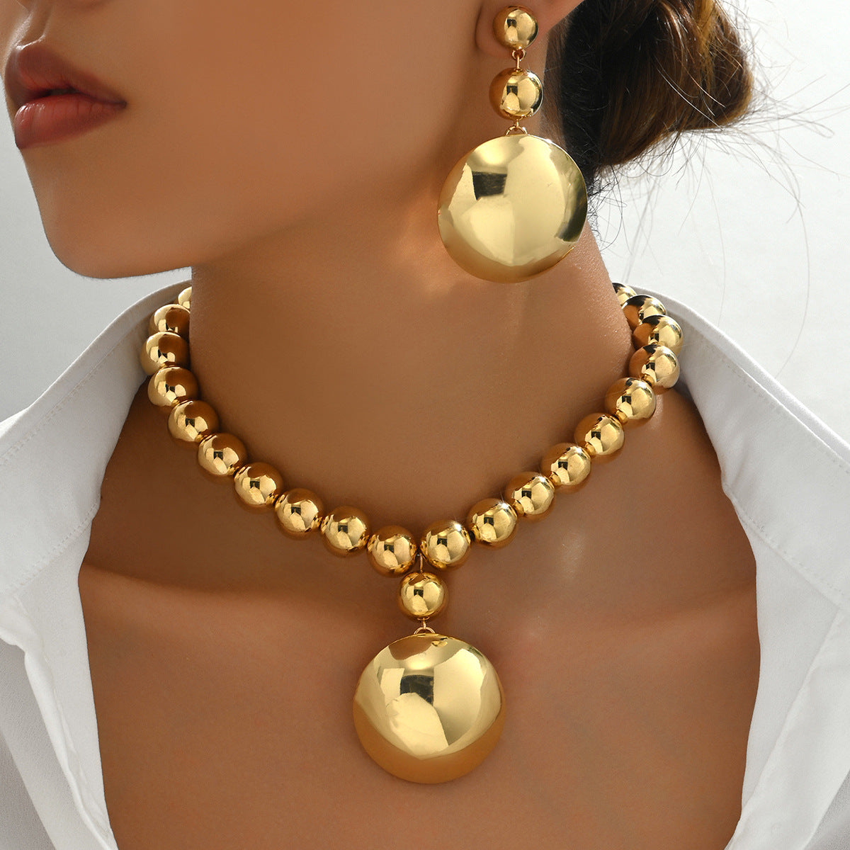 Fashion Women's Metal Bead Necklace Pendant Earrings Jewelry Set