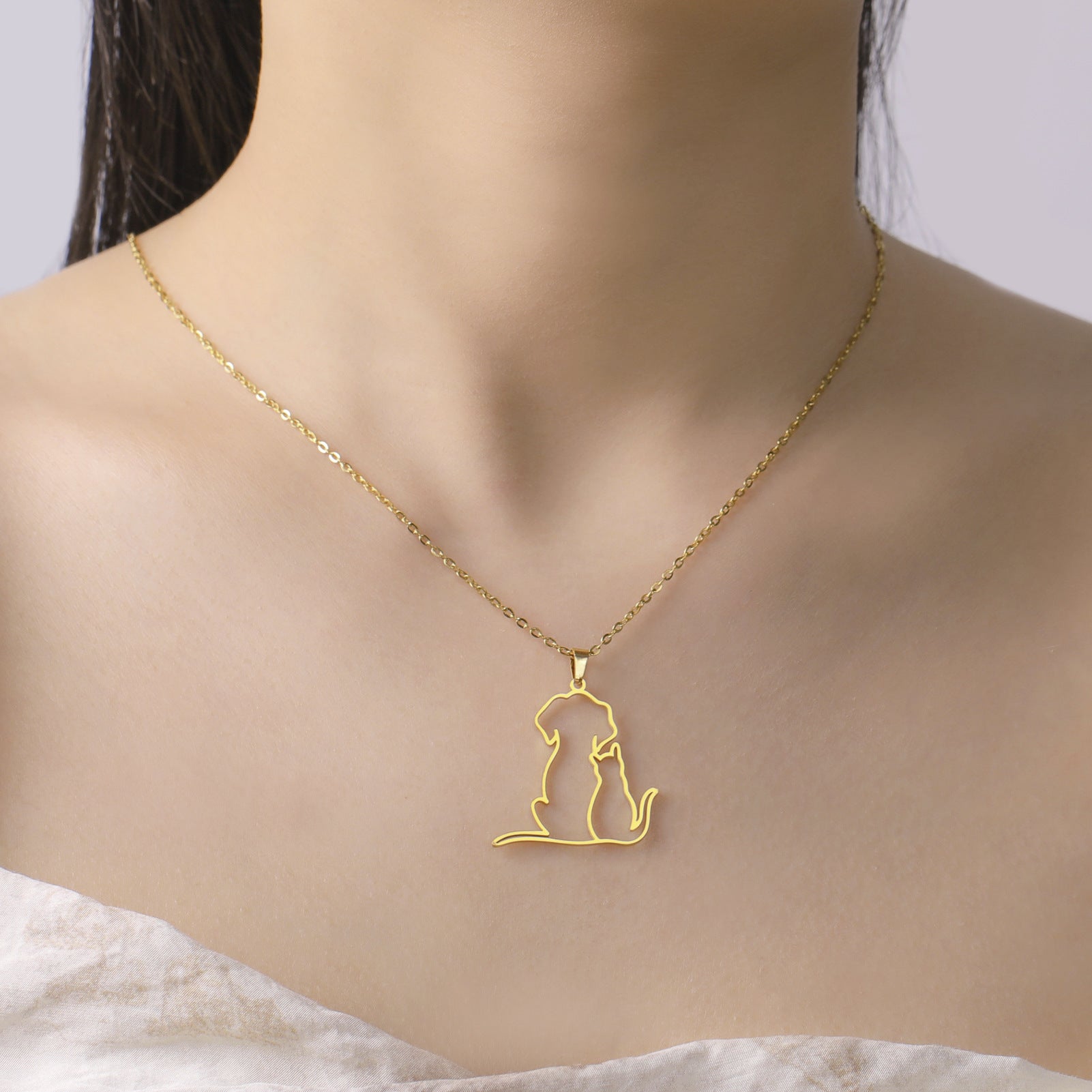 Womens Cute Jewelry Cat And Dog Pendant Stainless Steel Necklace