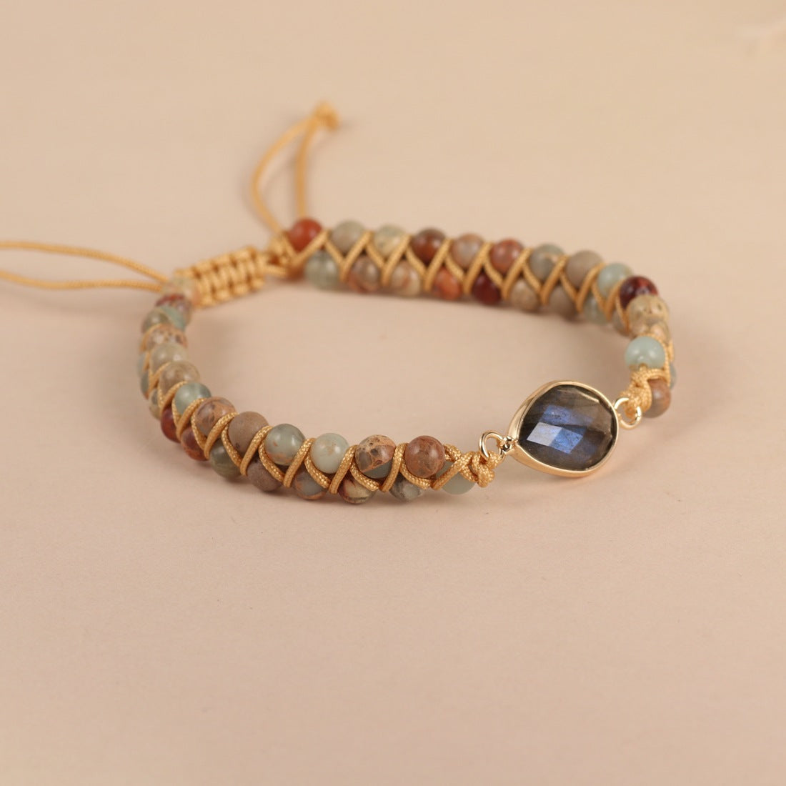 Elongated Stone Droplet Shaped Pendant Shoushan Stone Round Bead Double-layer String Woven Bracelet