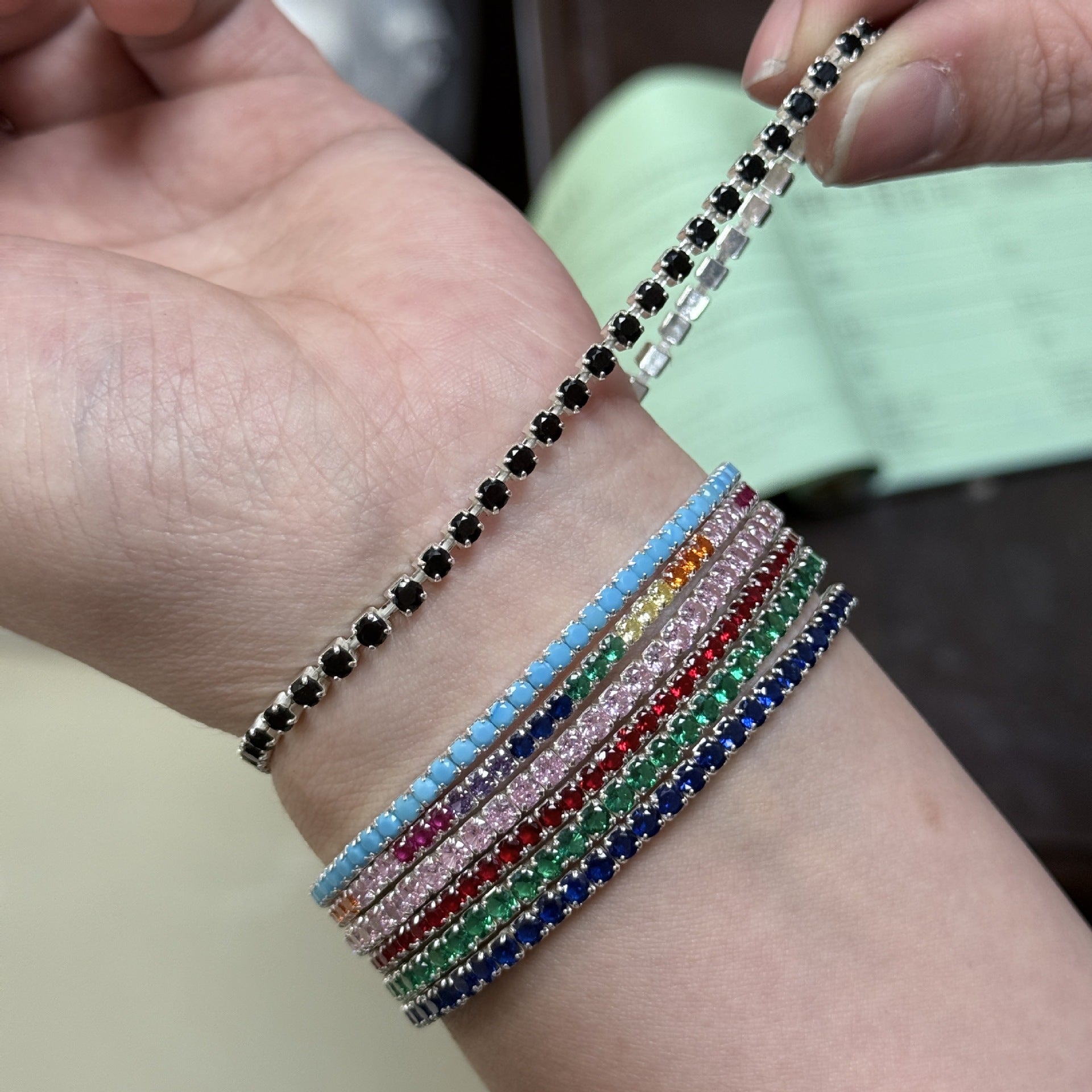 S925 Sterling Silver Bracelet, Colorful Zircon Elastic Bracelet For Women