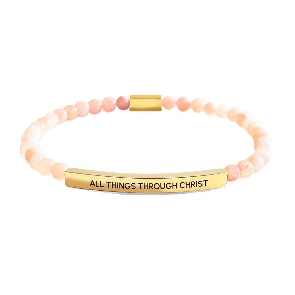 Stainless Steel Mens And Womens Elbow-Style Chain Bracelet With Engraved Gold Beads