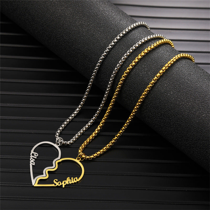 Combined Stainless Steel Cut Name Heart Couple Necklace