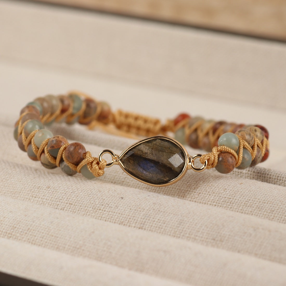 Elongated Stone Droplet Shaped Pendant Shoushan Stone Round Bead Double-layer String Woven Bracelet