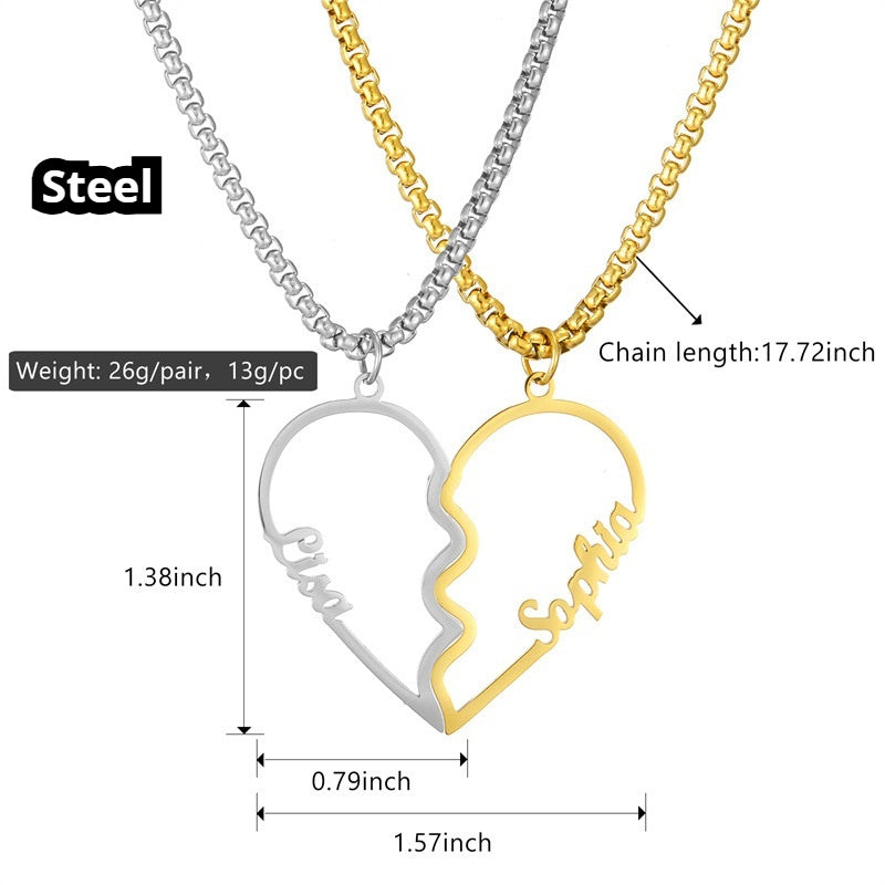Combined Stainless Steel Cut Name Heart Couple Necklace