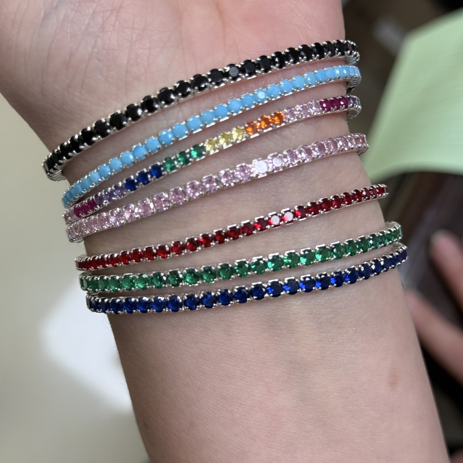 S925 Sterling Silver Bracelet, Colorful Zircon Elastic Bracelet For Women