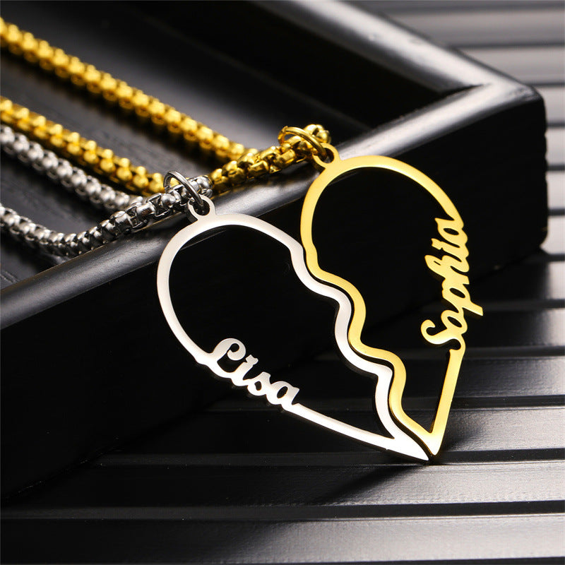 Combined Stainless Steel Cut Name Heart Couple Necklace