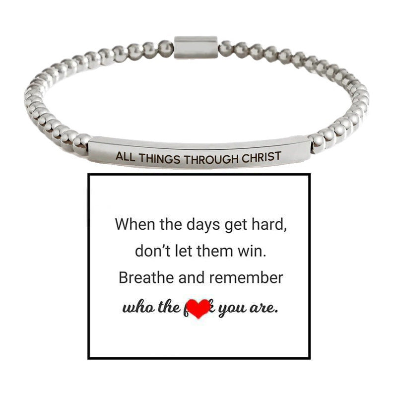 Stainless Steel Mens And Womens Elbow-Style Chain Bracelet With Engraved Gold Beads