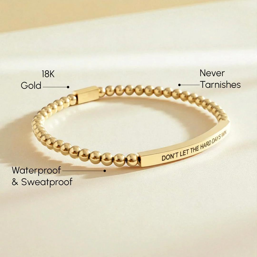 Stainless Steel Mens And Womens Elbow-Style Chain Bracelet With Engraved Gold Beads